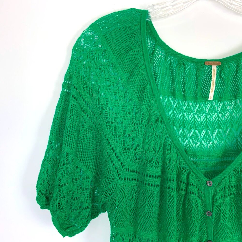 Free People Green Open Knit Short Sleeve Crop Top V-Neck Sz L - Picture 5 of 16
